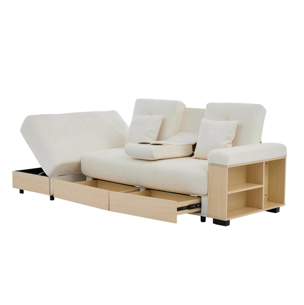 Divano letto 217x110x90 cm con contenitore e cassetti in chenille beige