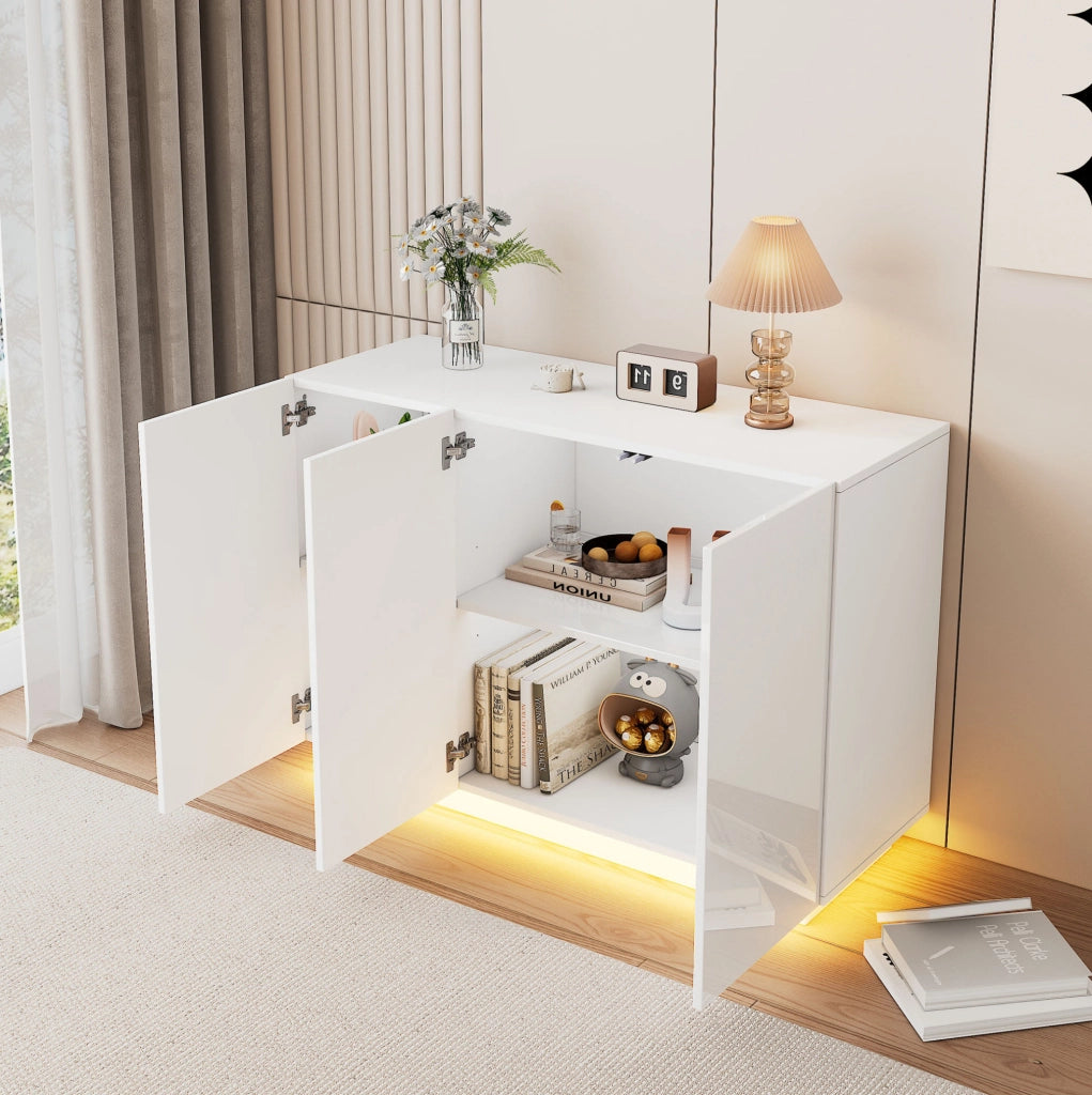 Madia 120x40x75 cm bianca con ante lucide; LED e ripiani regolabili HOMVRA