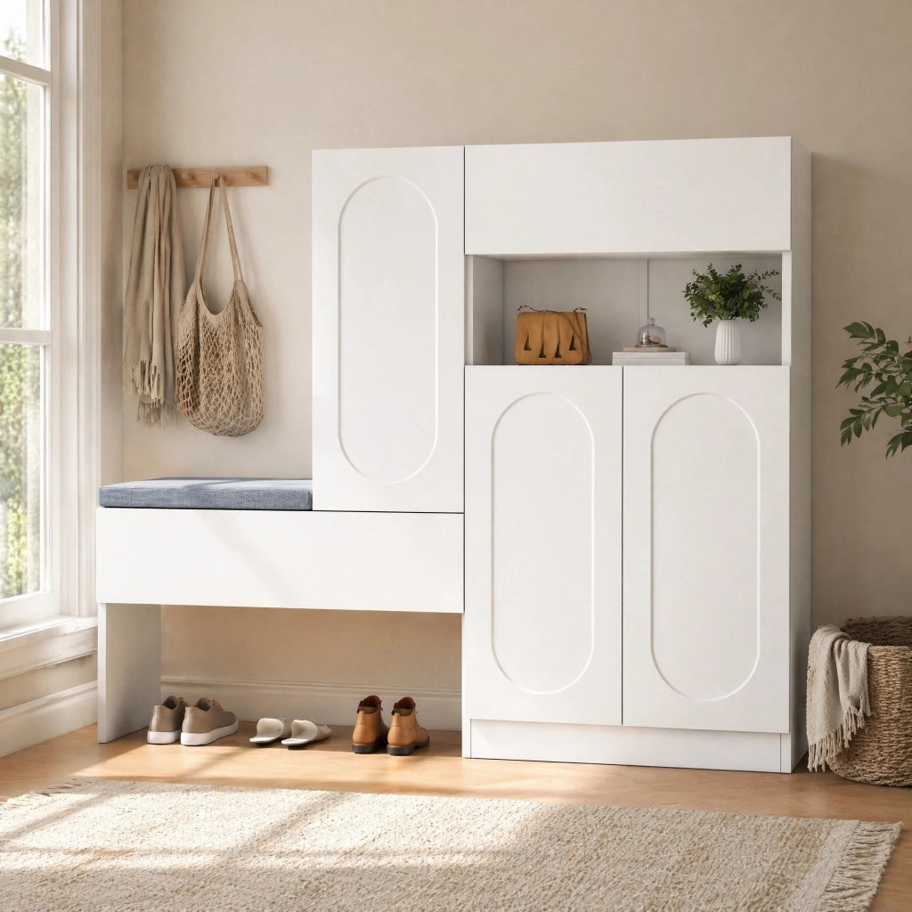 Scarpiera con panca 130x35x110 cm in truciolare; ante soft-close e cuscino grigio