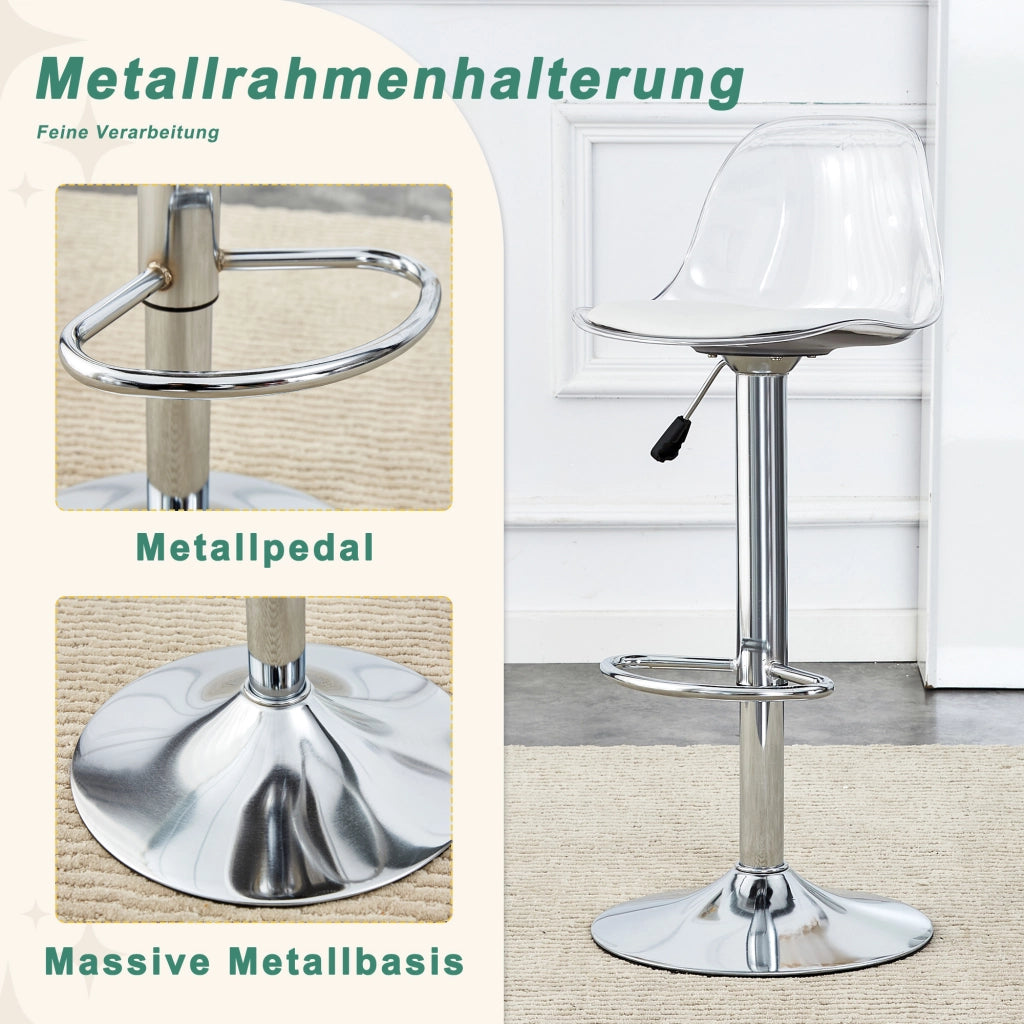 Sgabello da bar set da 2 con altezza regolabile e seduta girevole, in metallo e plastica, Bianco e argento