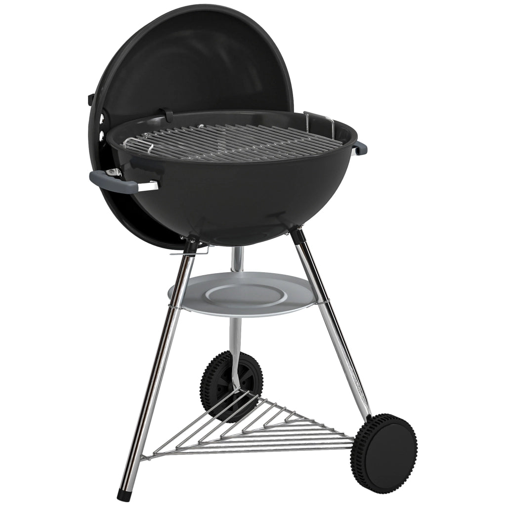 Barbecue a Carbone con griglia esterna rotonda, coperchio, termometro e ruote, Nero