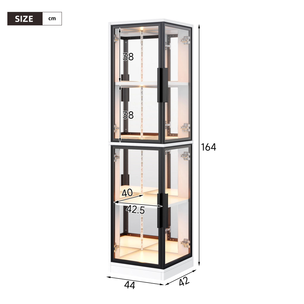 Vetrina angolare in vetro 44×42×164 cm con retro specchiato, illuminazione LED multicolore, bianca