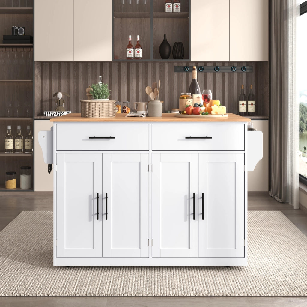 Carrello da cucina con piano ribaltabile quattro ante due cassetti e ruote bianco e naturale