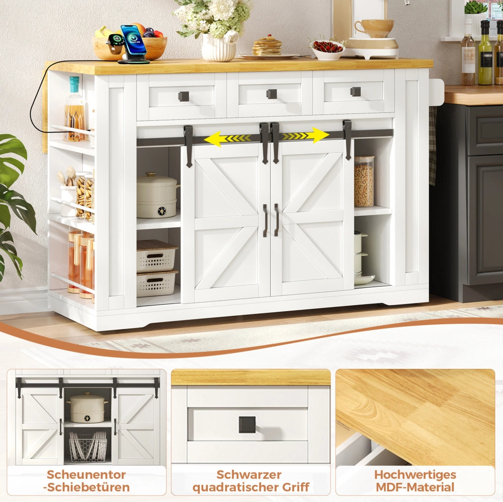 Isola da cucina con piano ribaltabile; ruote e prese USB; 130x50(80)x87 cm; bianco naturale