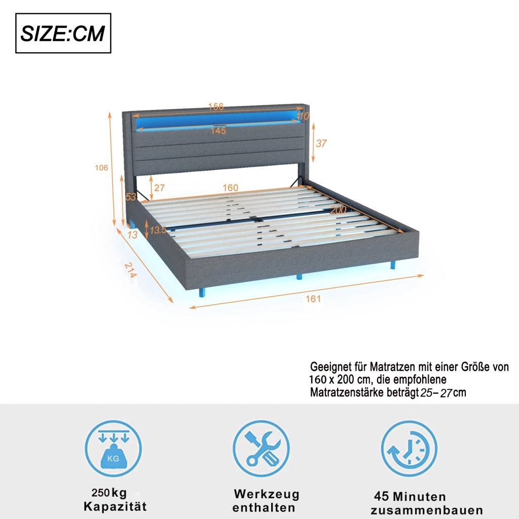 DESMIU Lit adulte 160 × 200 cm con USB, LED, testiera reversibile e piedi nascosti, senza materasso, grigio