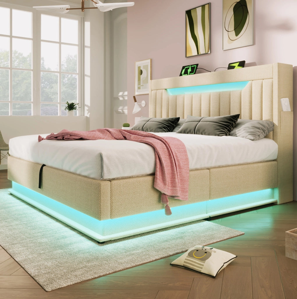Letto matrimoniale 180x200 in lino beige con LED e contenitore， senza materasso