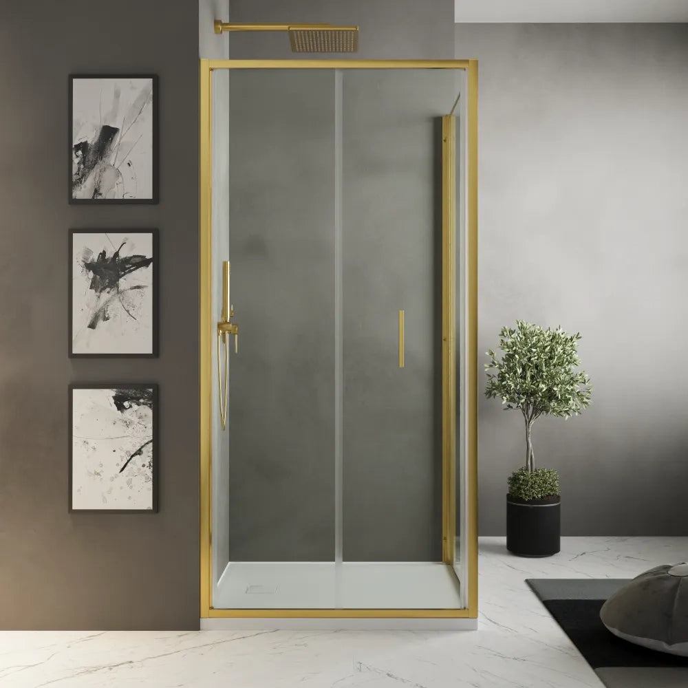 Box doccia slim 75x90cm con porta a libro e parete fissa profili oro spazzolato e vetro 6mm trasparente anticalcare h190| Portofino