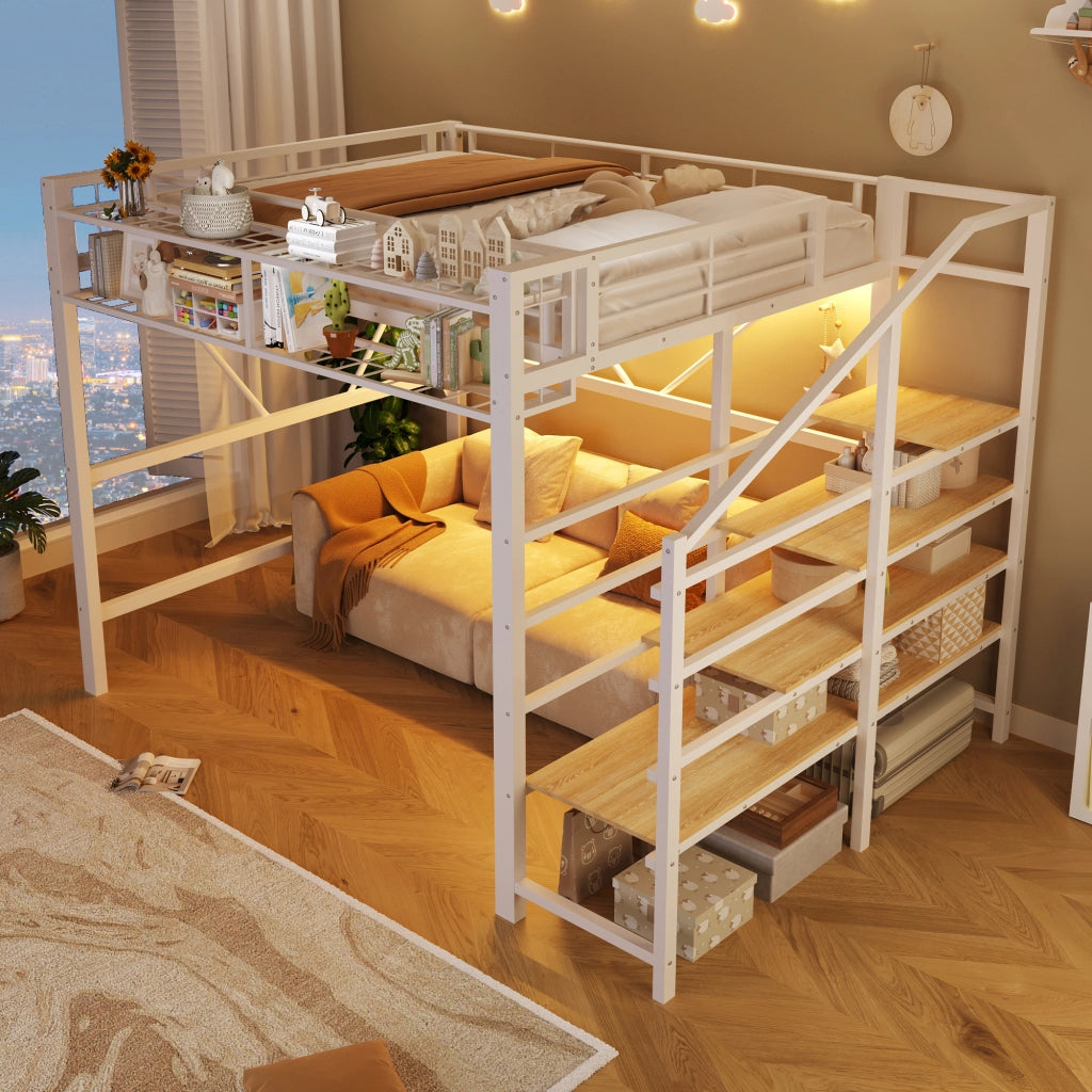 Hochbett 140x200 cm in metallo e MDF, con scala a ripiani, rete a griglia, contenitore e LED, bianco