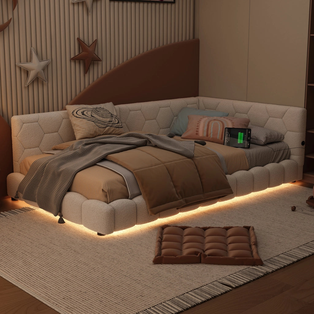 Letto divano singolo 90 × 200 cm con LED regolabile; USB e porta di tipo C; senza materasso; bianco