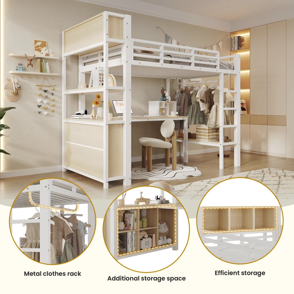 Letto a soppalco 90x200 cm per bambini con scrivania; appendiabiti e ripiani; metallo e MDF bianco