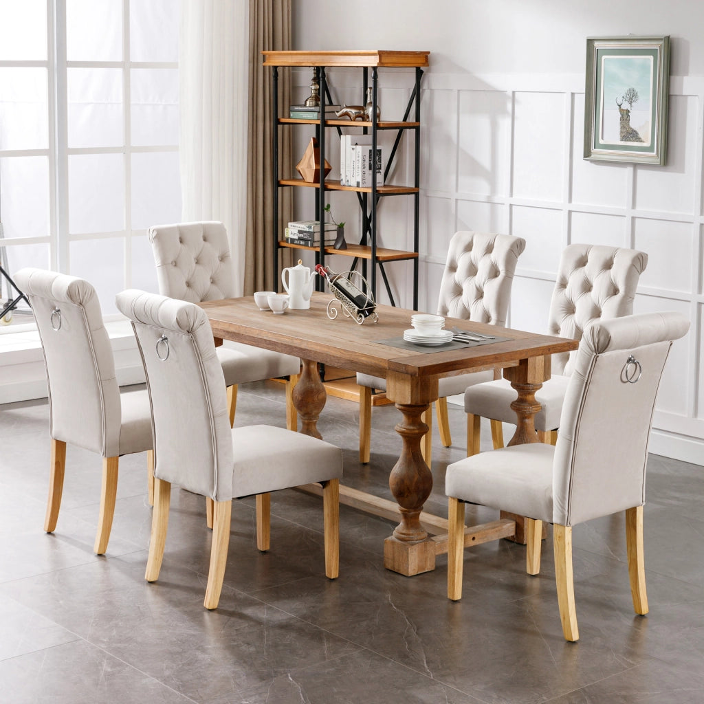 Set di sedie da pranzo a 4 pezzi in velluto beige con gambe in legno e schienale curvo con bottoni per sala da pranzo