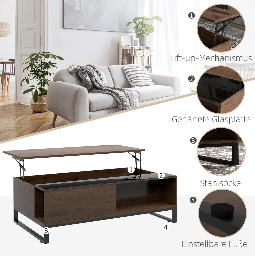 Tavolino da salotto ULEVR 102x58x35,5 cm con piano sollevabile, 2 vani nascosti e ripiano inferiore, noce