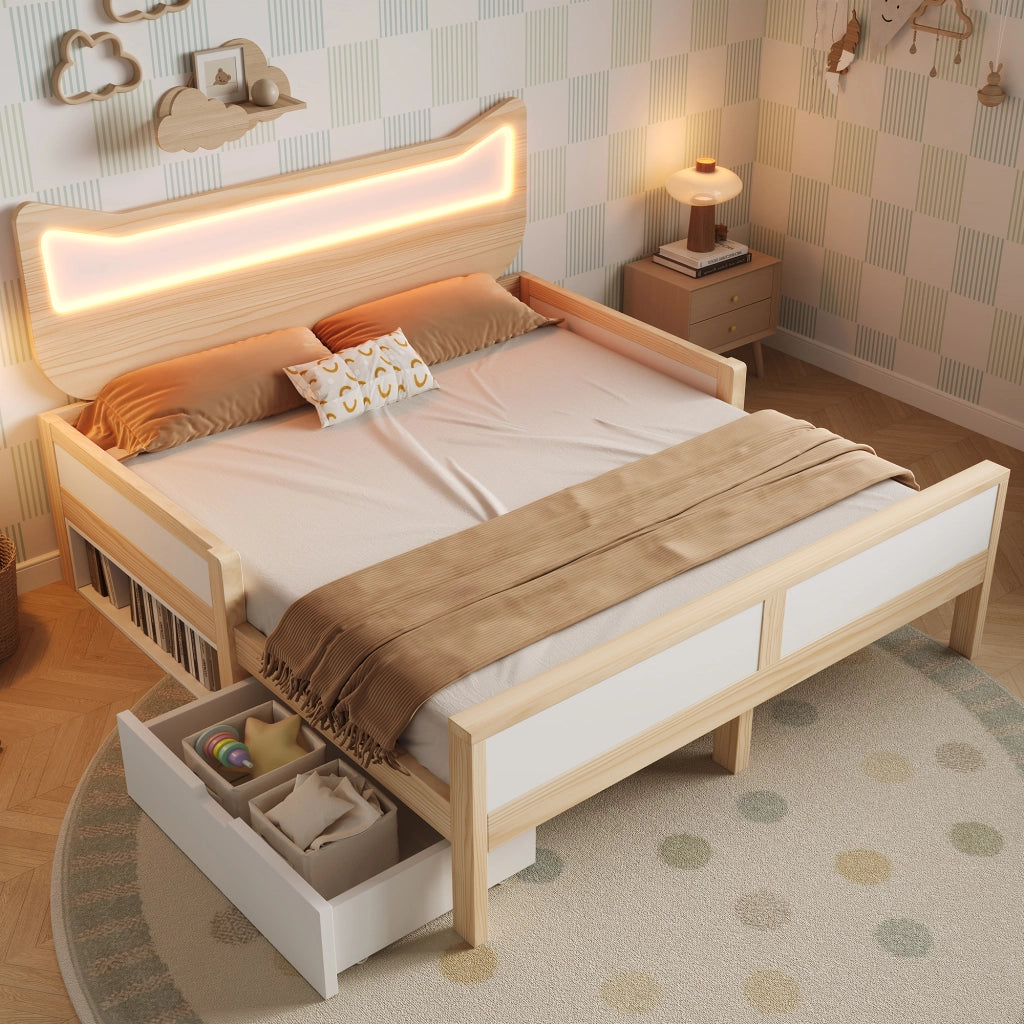 LETTO Bambini 140x200 cm Testiera gatto RGB LED Bianco e Rovere