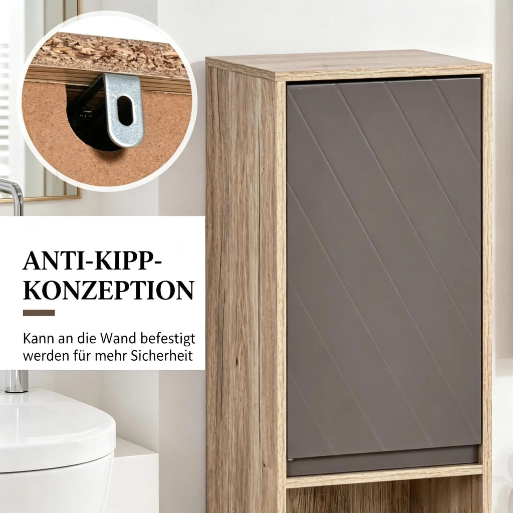 Colonna da bagno con 2 armadietti; 2 vani aperti e ripiani regolabili in MDF grigio effetto rovere 30 × 24 × 170 cm