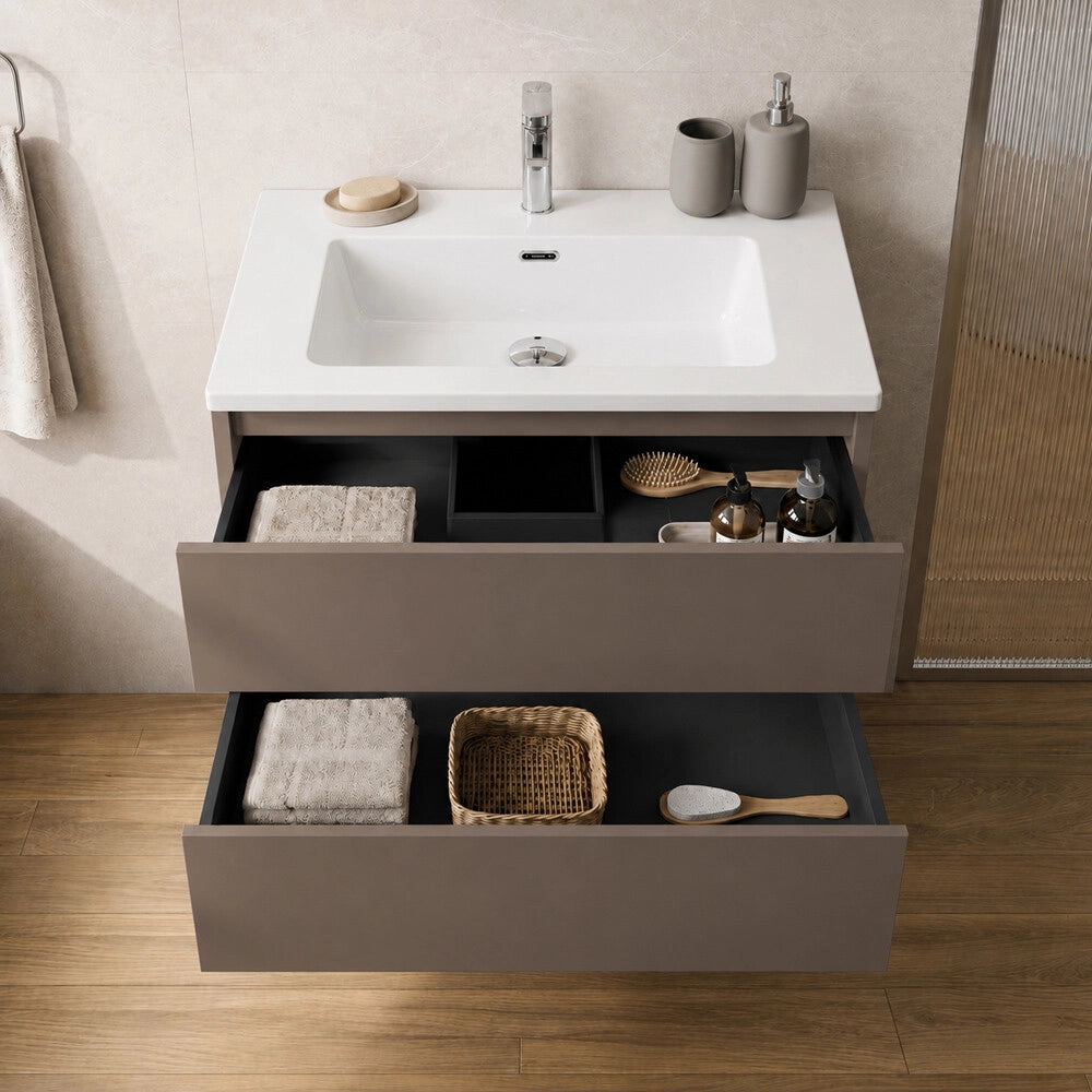 Mobile bagno sospeso 70 cm tortora due cassetti push-pull e lavabo Tierra