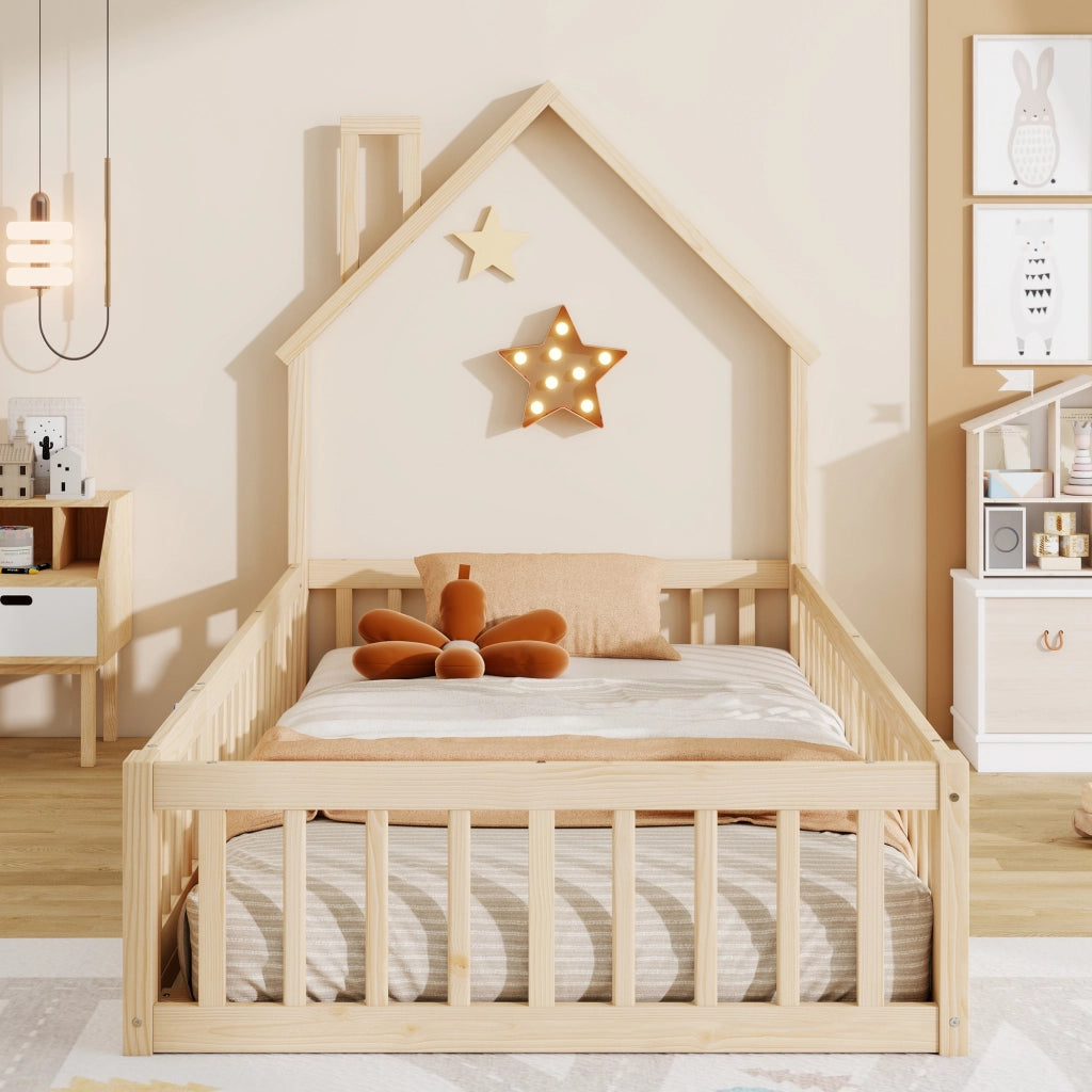 Letto a casetta 90 × 200 cm con struttura a camino rete a doghe e barriera in legno di pino e MDF naturale