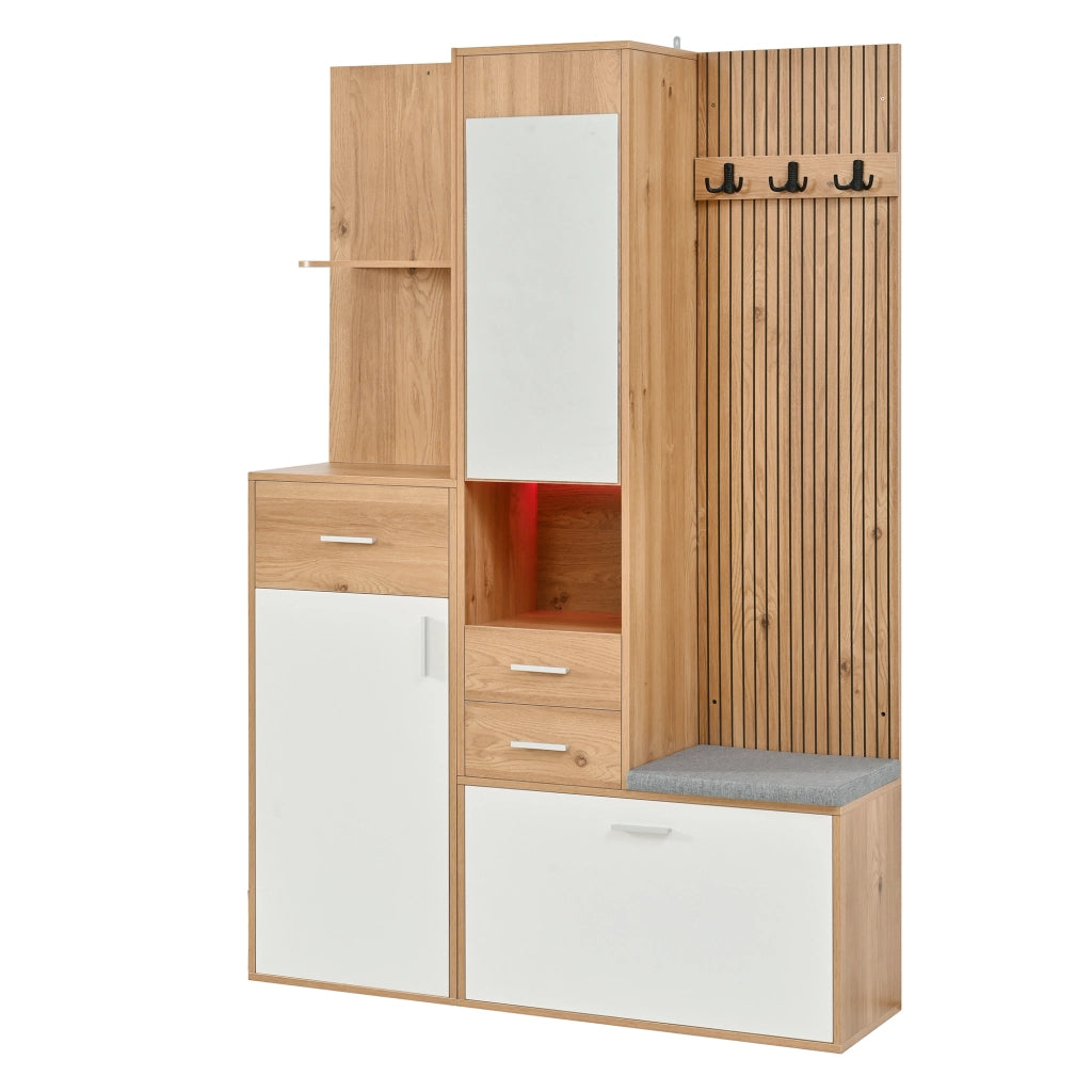 Mobile da ingresso con specchio, panca, cassetti e scarpiera a ribalta LED, bianco e naturale, 120 × 32 × 178 cm
