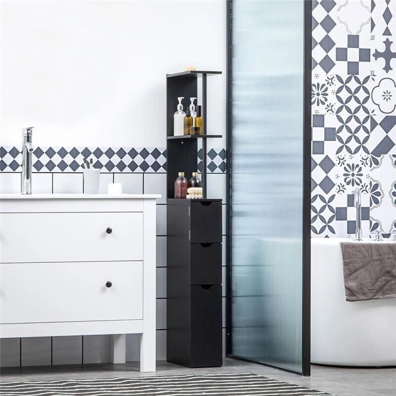MOBILE COLONNA SALVASPAZIO IN LEGNO CON RIPIANI E CASSETTI 15X33X136CM NERO