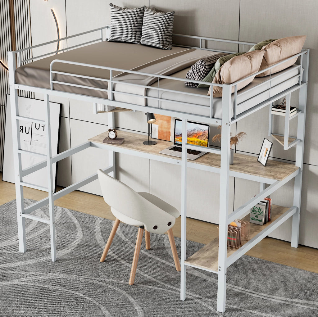 Letto a soppalco 90x200 cm con scrivania e libreria in metallo e MDF; bianco