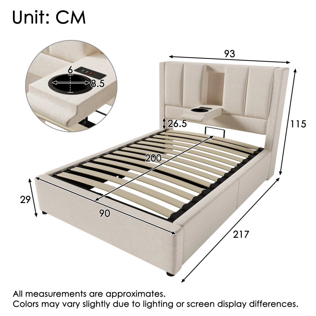 Letto singolo 90 × 200 cm con contenitore; 3 USB; ricarica tipo C e portabicchiere; senza materasso