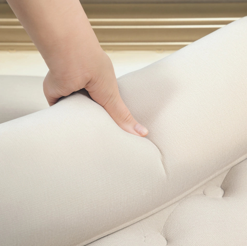 Panca imbottita 115x44x58 cm in poliestere beige con braccioli e gambe in legno di caucci¨´