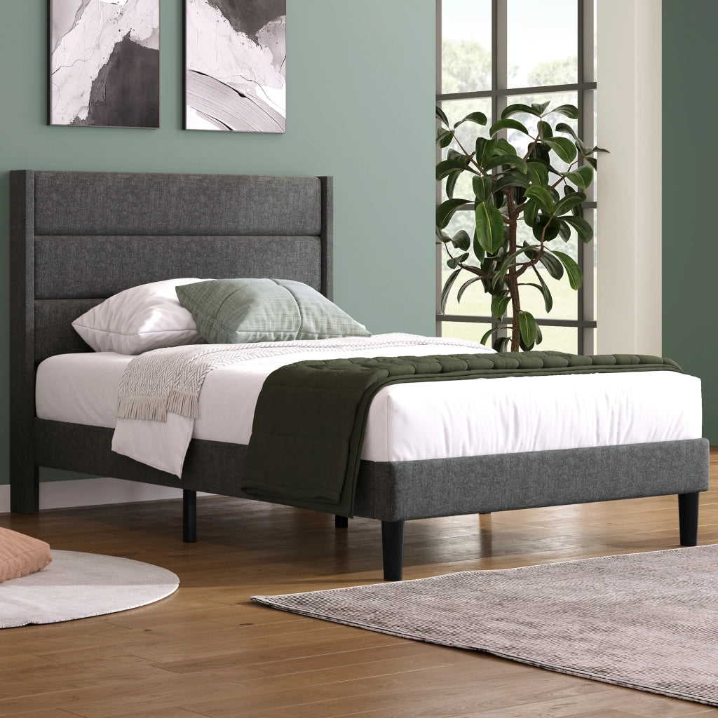 Letto singolo imbottito 90 × 200 cm con rete a doghe e materasso a molle insacchettate lino grigio scuro