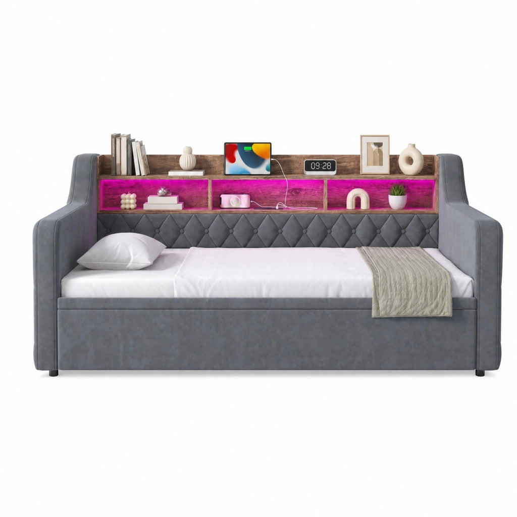 Letto divano estraibile 90 × 190 cm con LED, USB, Type-C e testiera contenitore, senza materasso, grigio scuro