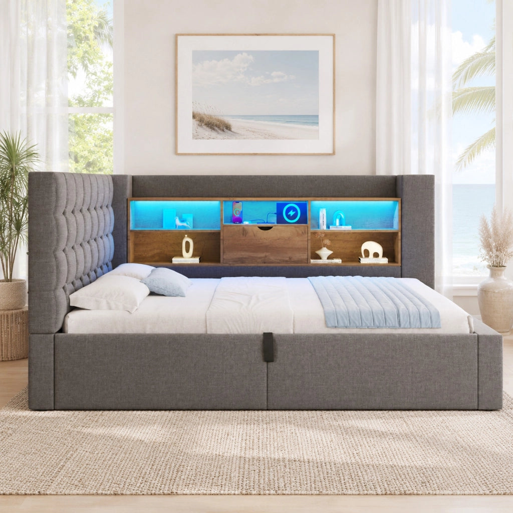 Letto singolo contenitore 90x200 cm con LED e prese USB in lino grigio HOMVRA