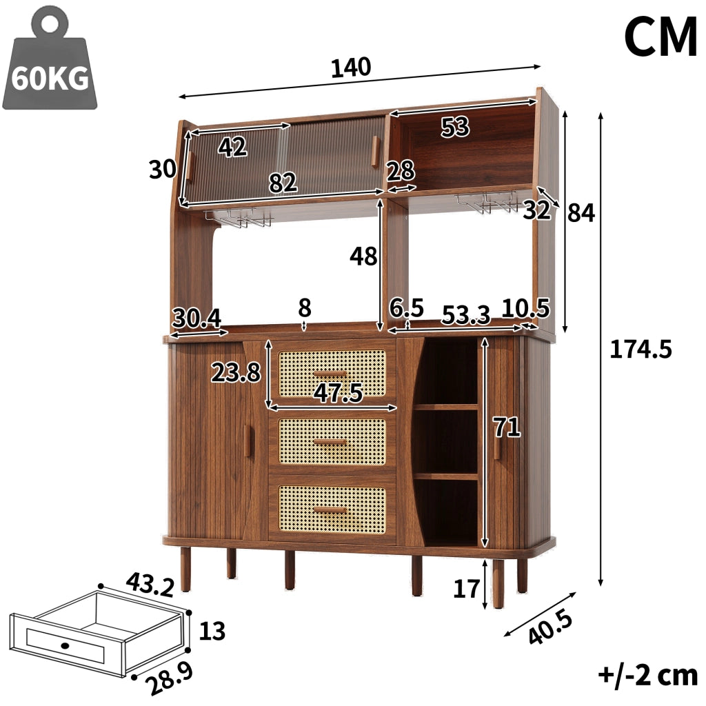 Credenza con ante scorrevoli in vetro 3 cassetti e portabicchieri MDF noce 140 × 40.5 × 174.5 cm
