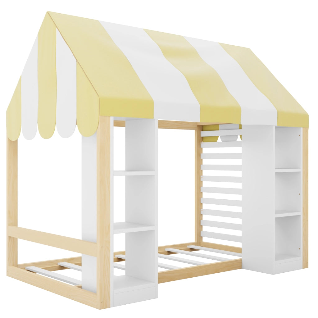 Letto per bambini 90 × 200 cm con baldacchino e due vani aperti in legno bianco e naturale