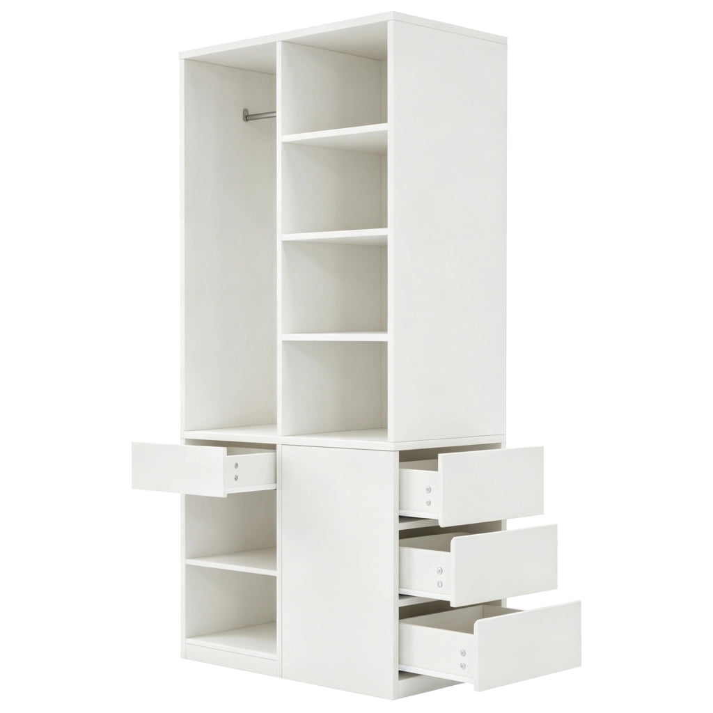Armadio con cassetti, ripiani aperti e barra appendiabiti per camera da letto, in MDF bianco, 70 × 50 × 170 cm
