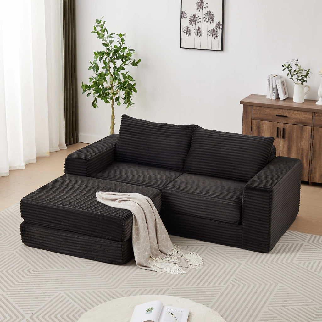 Divano letto modulare in velluto a coste nero con poggiapiedi removibile