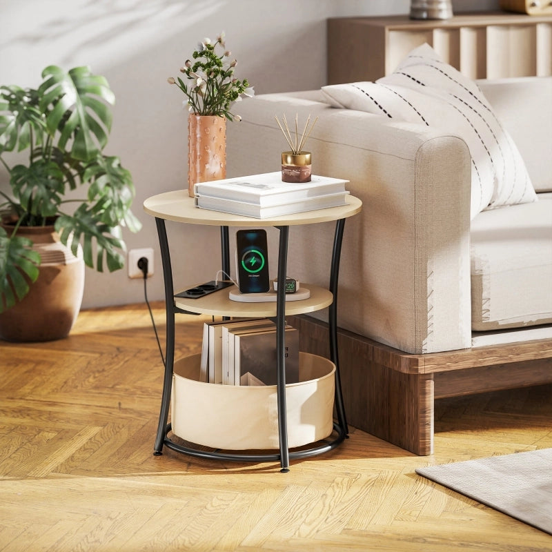 Tavolino laterale rotondo con prese AC USB e USB-C a 3 livelli legno naturale e metallo diametro 50 × 55.1 cm