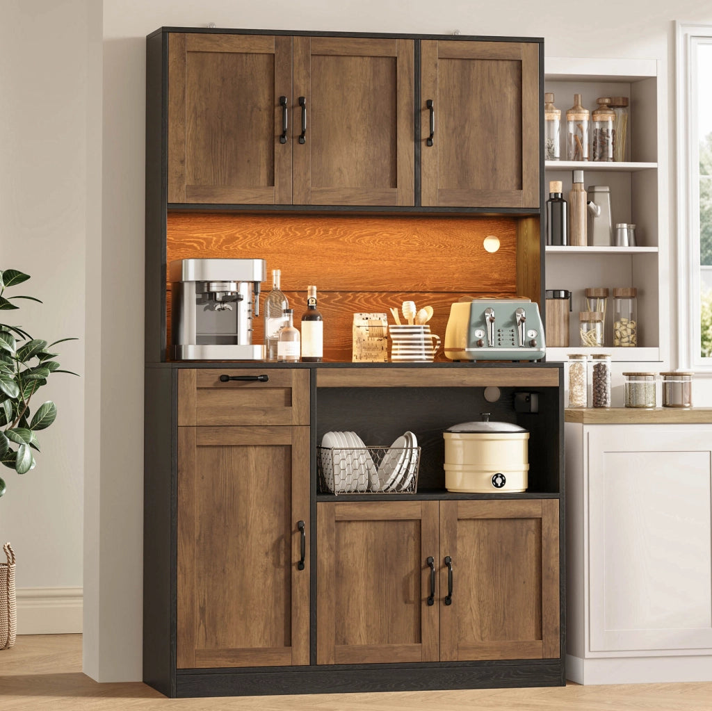 Credenza da cucina 110x40x180 cm in MDF naturale e nero con LED e prese