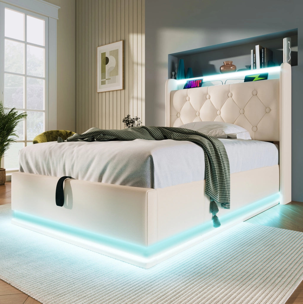 Letto singolo 90x200 cm bianco in PU con LED, contenitore e materasso