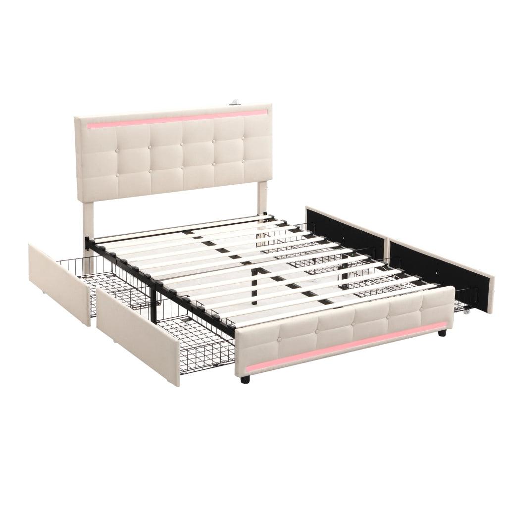 Letto matrimoniale 140 × 200 cm con 4 cassetti; LED e 2 USB; senza materasso; in tessuto effetto lino beige