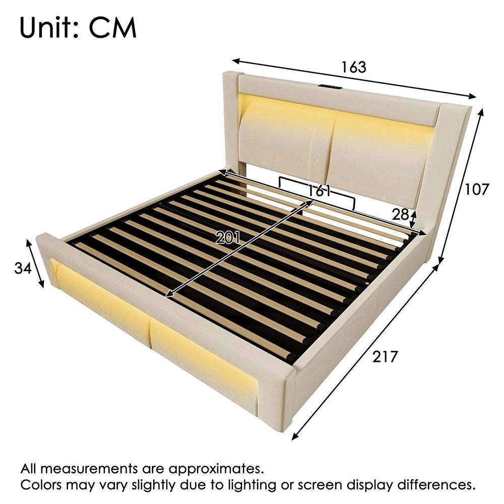Letto matrimoniale-Xylo-160x200cm idraulico LED USB-C velluto beige