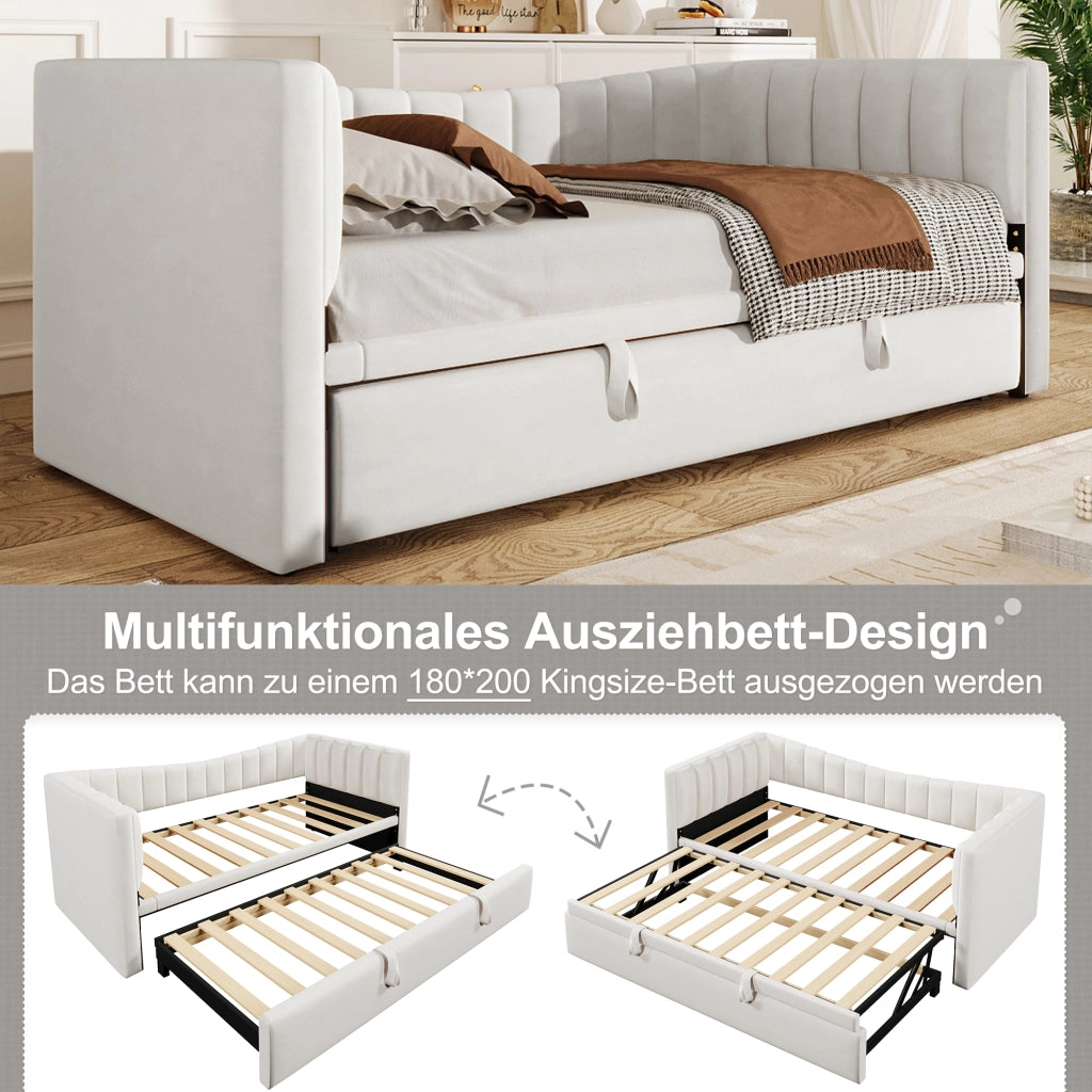 Letto divano 90 × 200 cm 1 posto con letto estraibile; senza materasso; in velluto e MDF; bianco