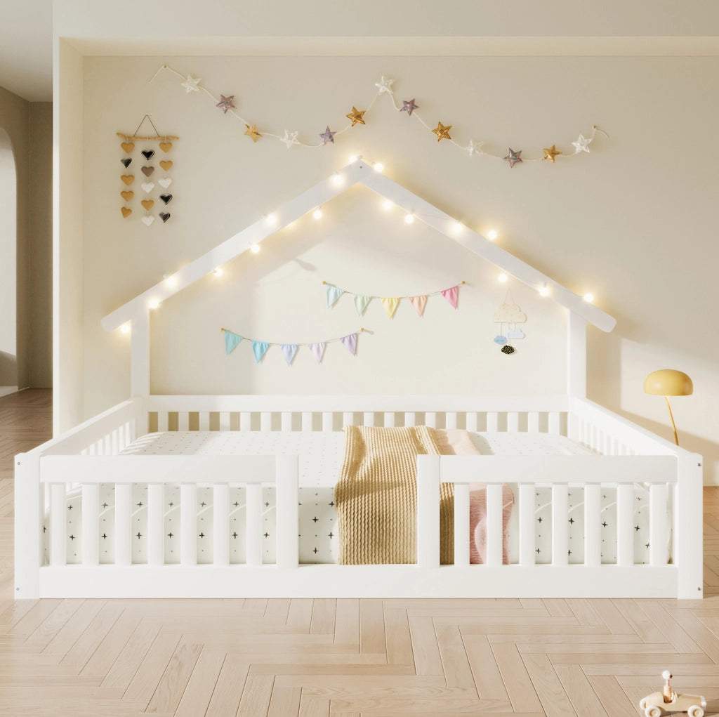 Letto casa in legno bianco 140x200 cm con protezione anticaduta e luci LED