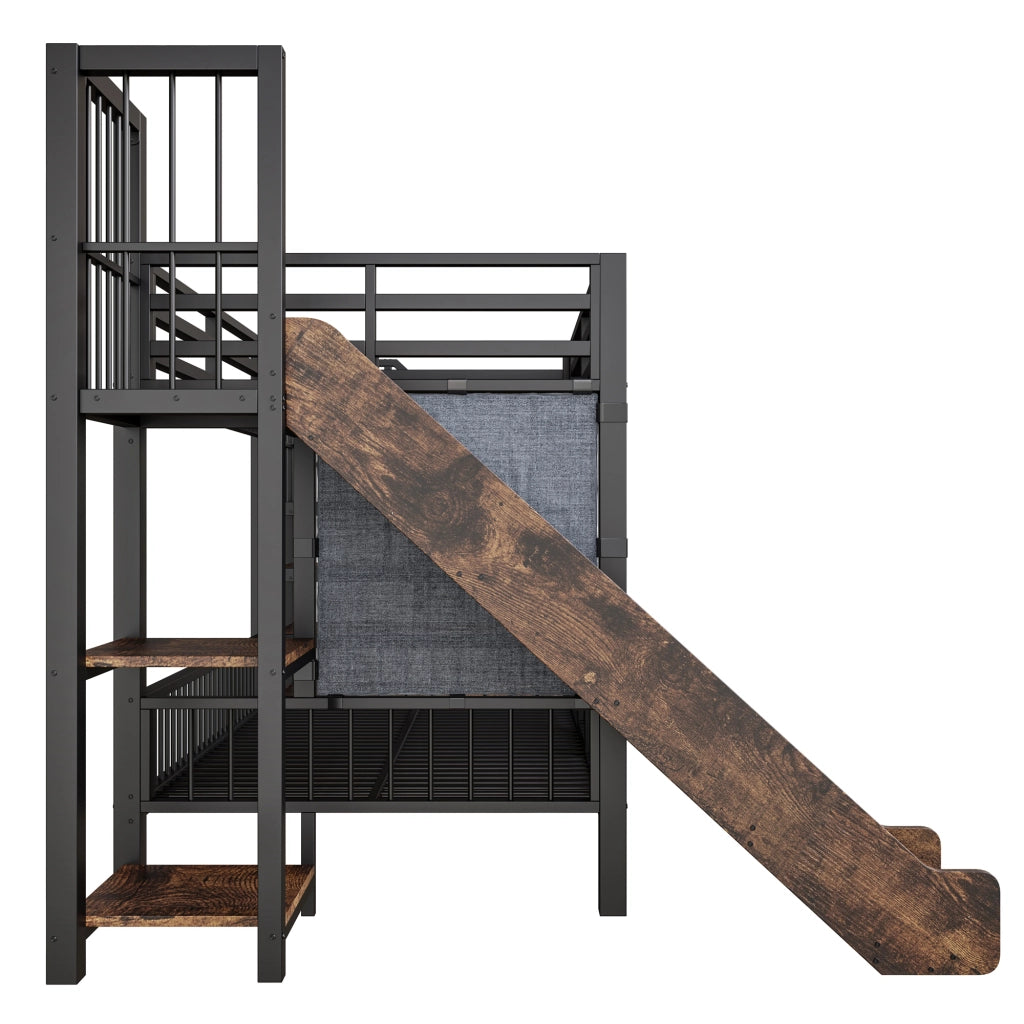 Letto a castello per bambini in metallo con scivolo, scala con contenitore e ripiani integrati 90x200 cm, nero