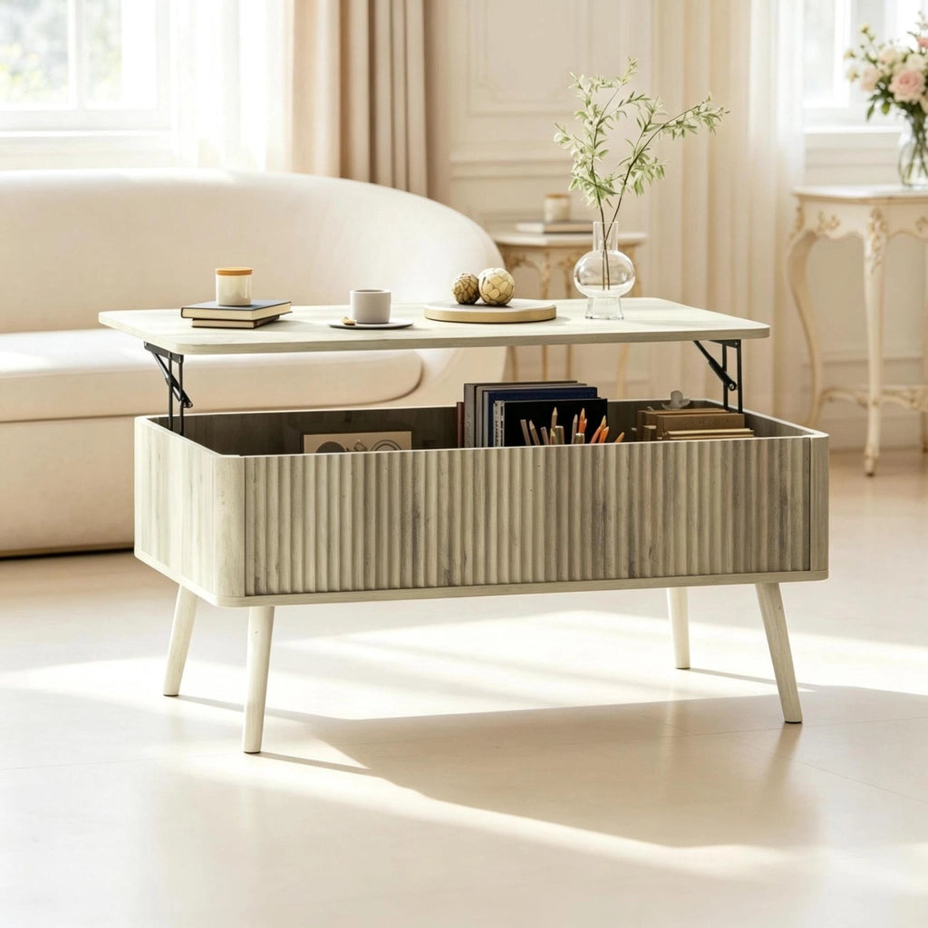 Tavolino da salotto con piano regolabile in altezza in MDF e legno di pino, colore rovere, 91x56 cm