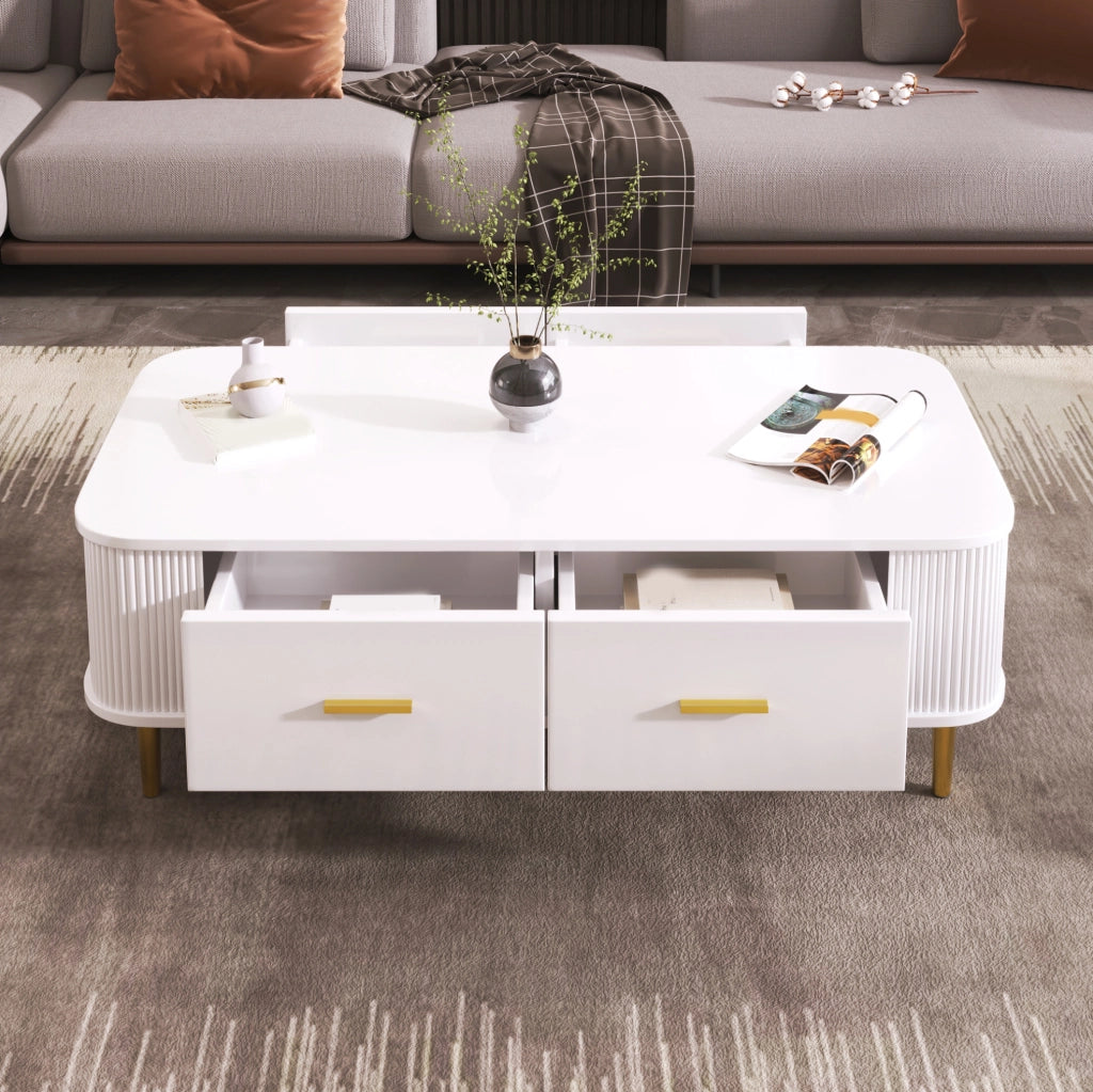 Tavolino da salotto moderno 105x51x38 cm in MDF bianco con 4 cassetti e dettagli oro
