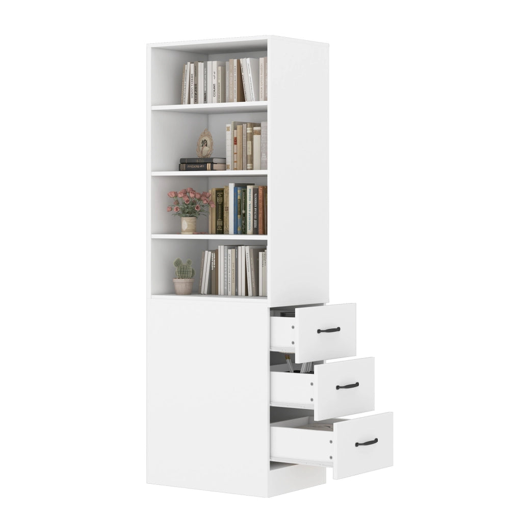 Libreria sottile 180 cm con cassetti laterali e ripiani regolabili, salvaspazio per piccoli ambienti