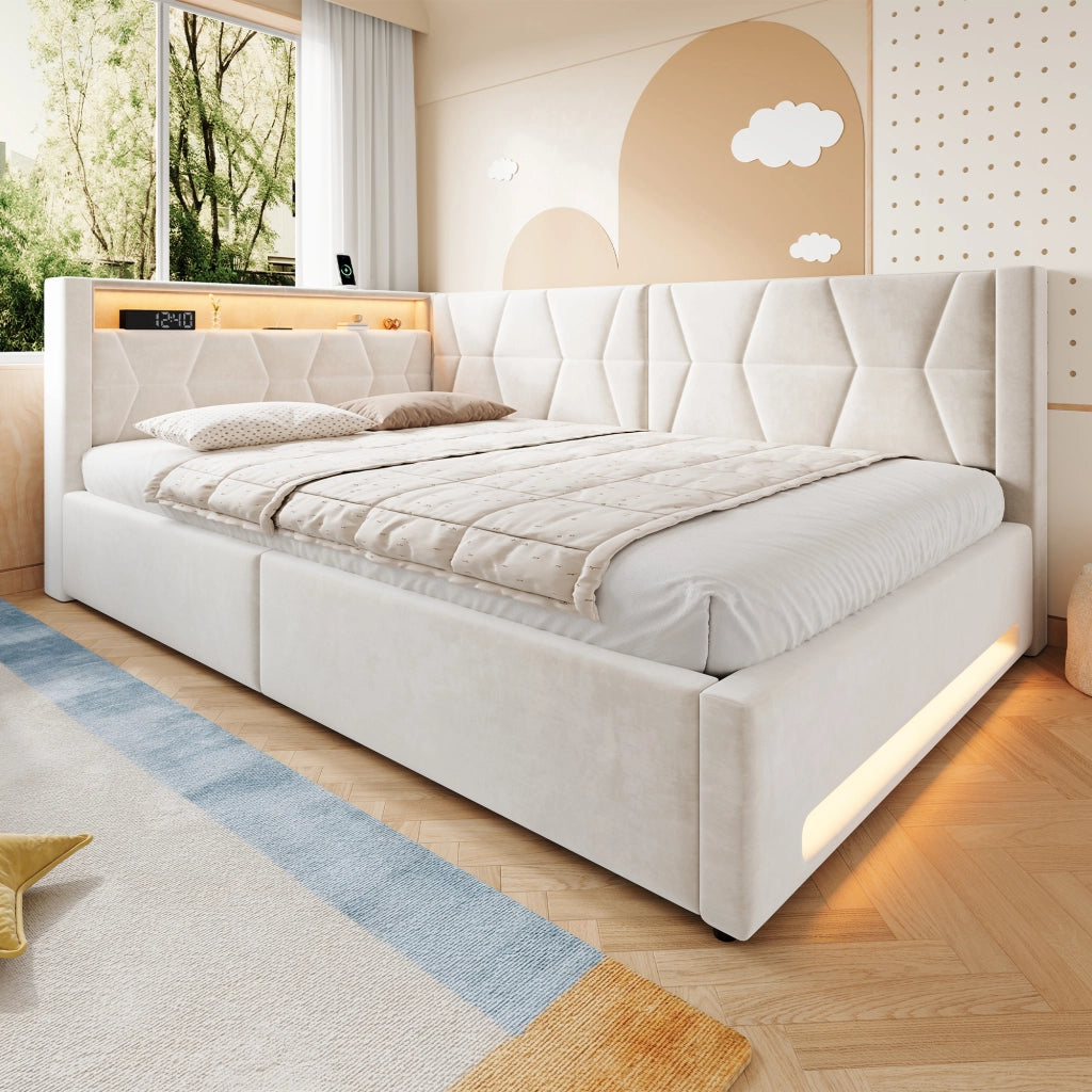 Letto divano 140x200 cm con contenitore con LED; luce testa e piedi; USB e Type-C; velluto; beige