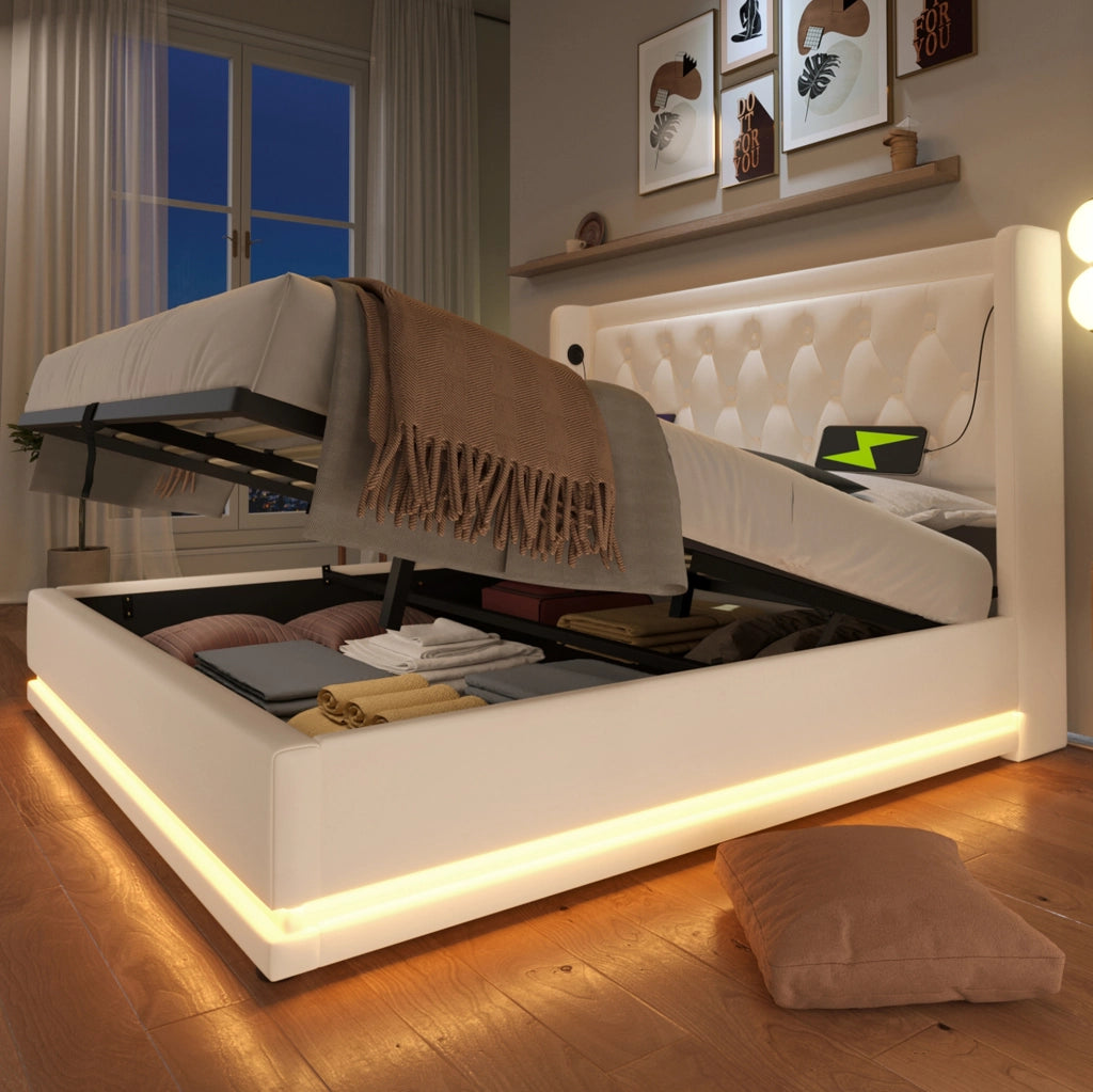 Letto matrimoniale 140x200 cm con contenitore; LED e USB-C; PU bianco