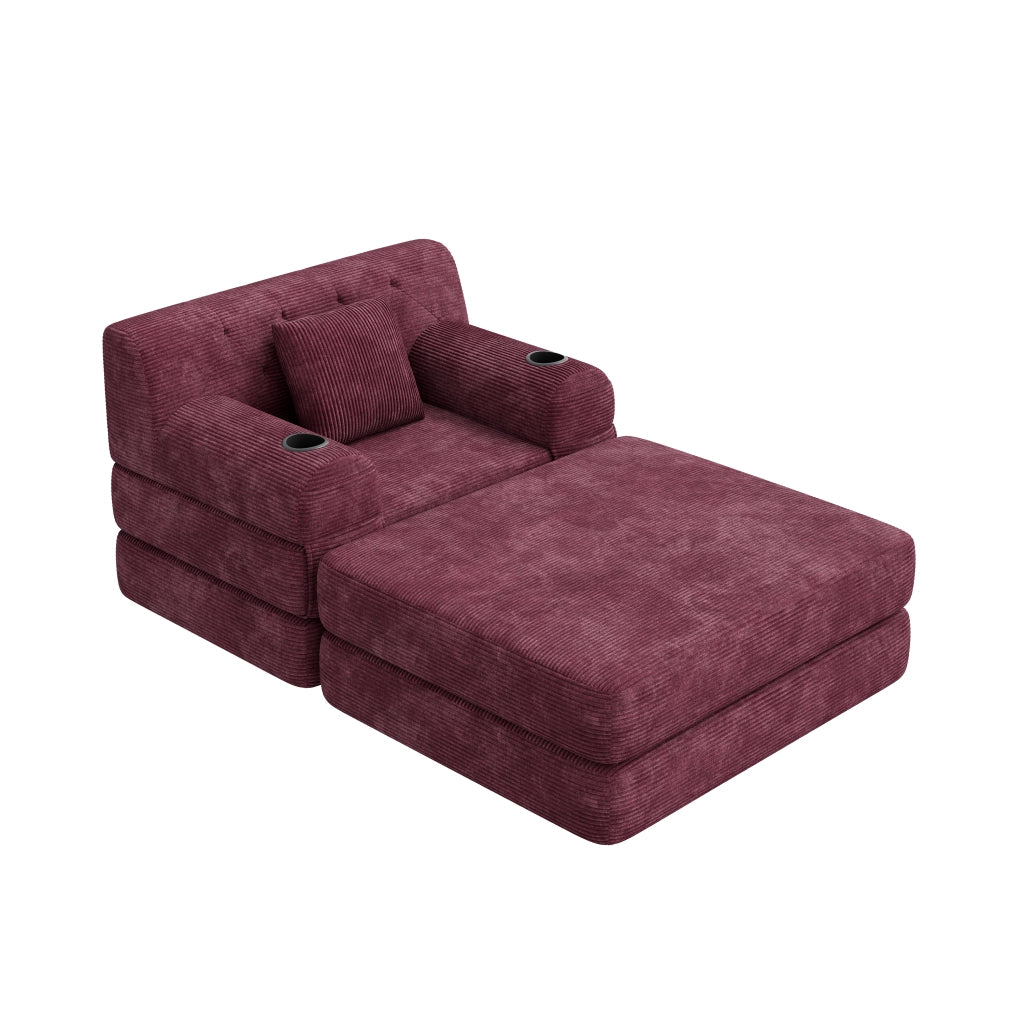 Poltrona da letto convertibile 1 con pouf; schienale alto; portabicchieri 2 e tasche laterali 4; velluto a coste; rosso vino