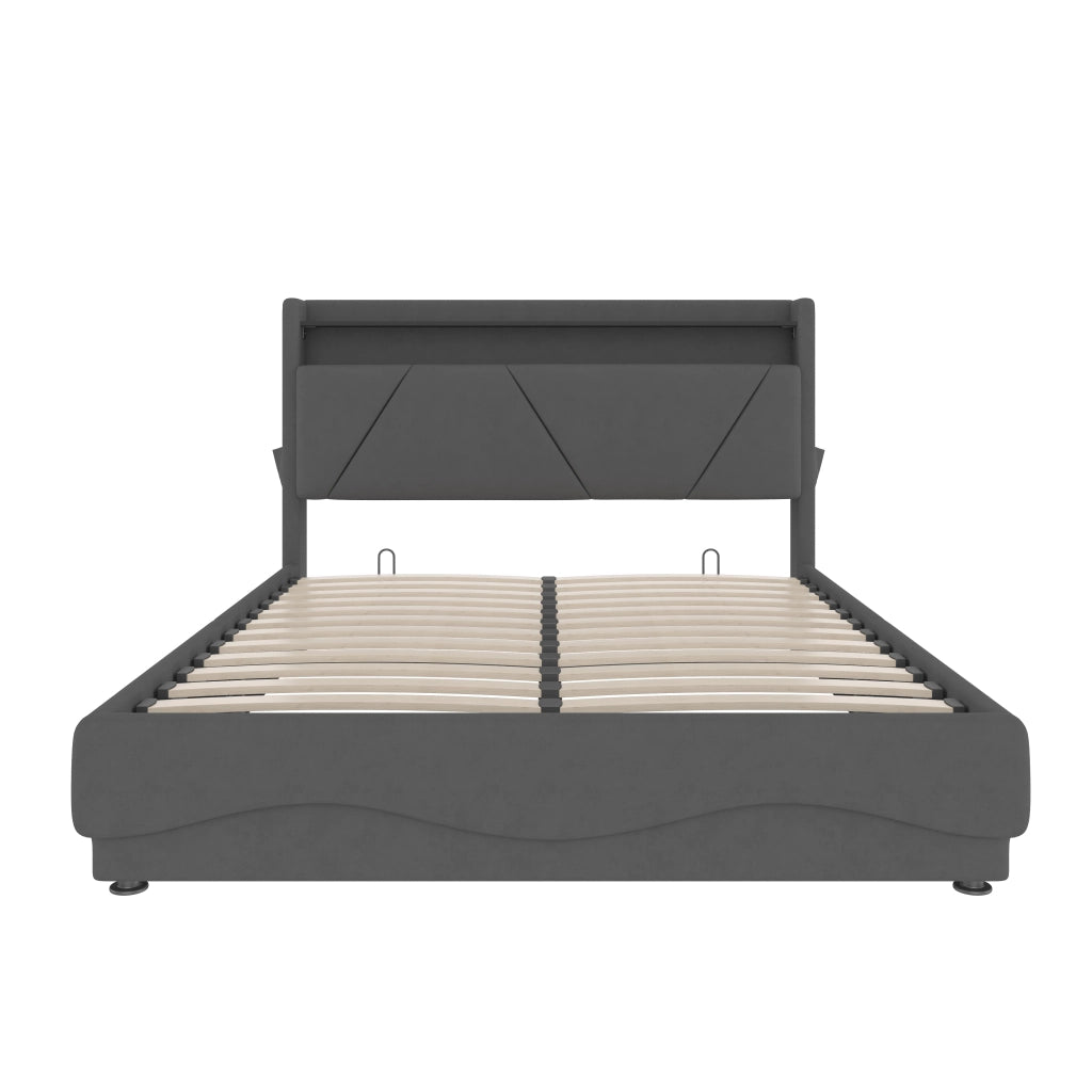 Letto imbottito 140x200 cm con contenitore, LED e USB-C in velluto grigio scuro
