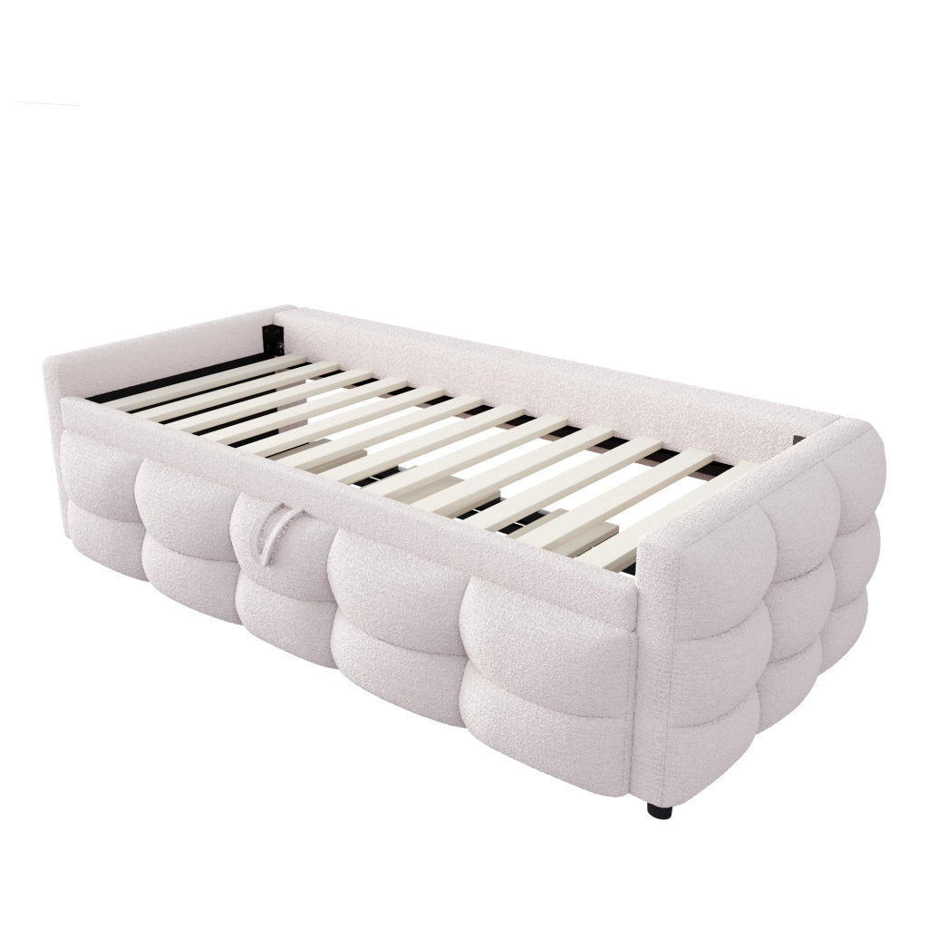 Letto imbottito estraibile 90/180 x 190 cm con rete a doghe; tessuto teddy beige; divano letto salvaspazio