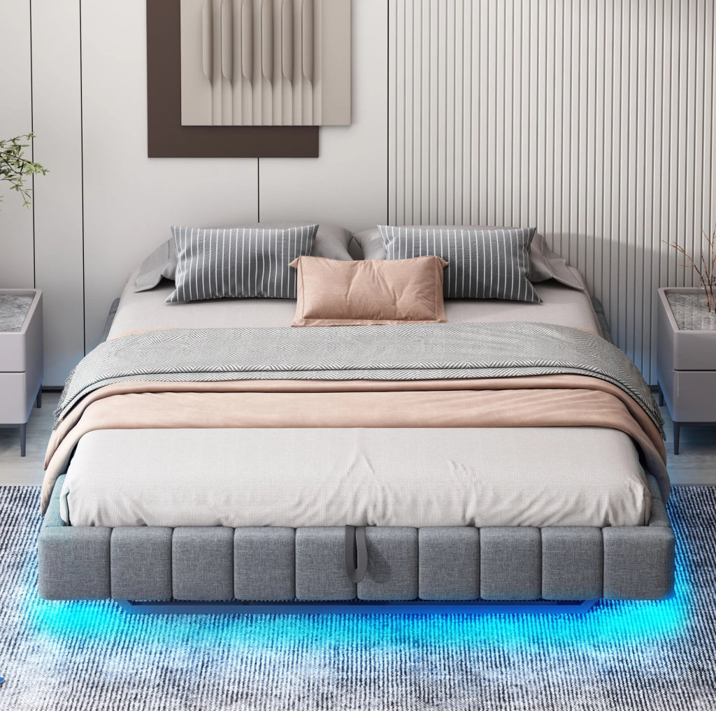 Letto matrimoniale imbottito 180x200 cm con contenitore, LED, effetto sospeso, grigio