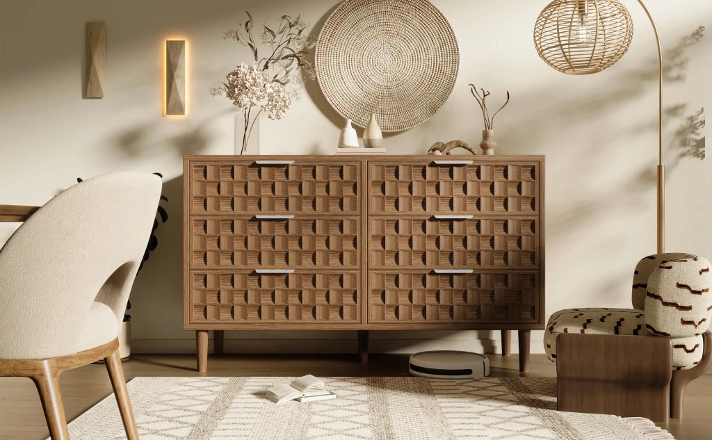 Sideboard 120x37x77 cm design waffle cioccolato, finitura rovere, 6 cassetti con maniglie metallo. Mobile Mid-Century per soggiorno, camera, ingresso